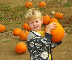 Child holding a pumpkin on fieldtrip with Children's Time Child Care